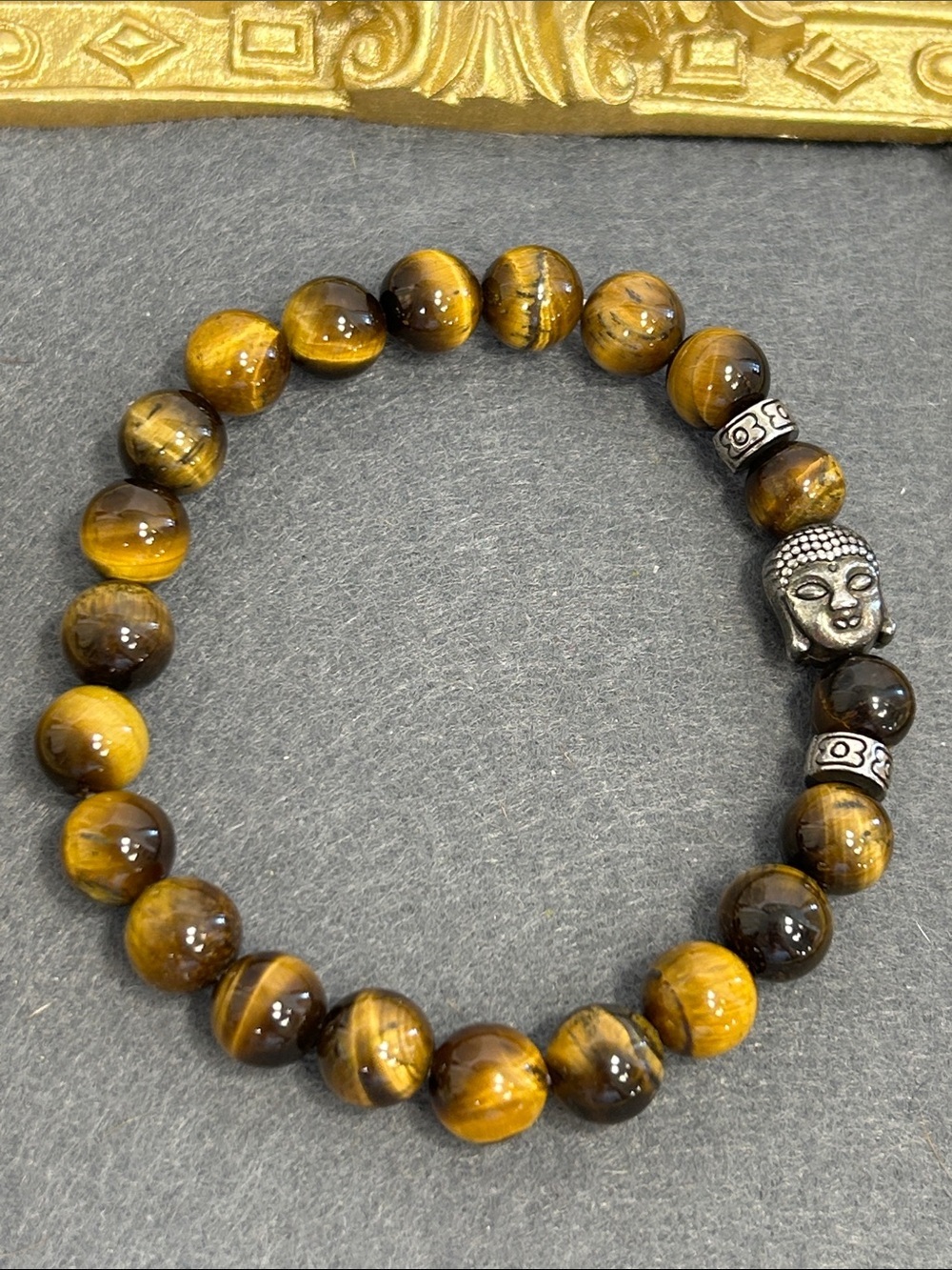 Tiger Eye Beaded Stretch Bracelet with Buddha Accent